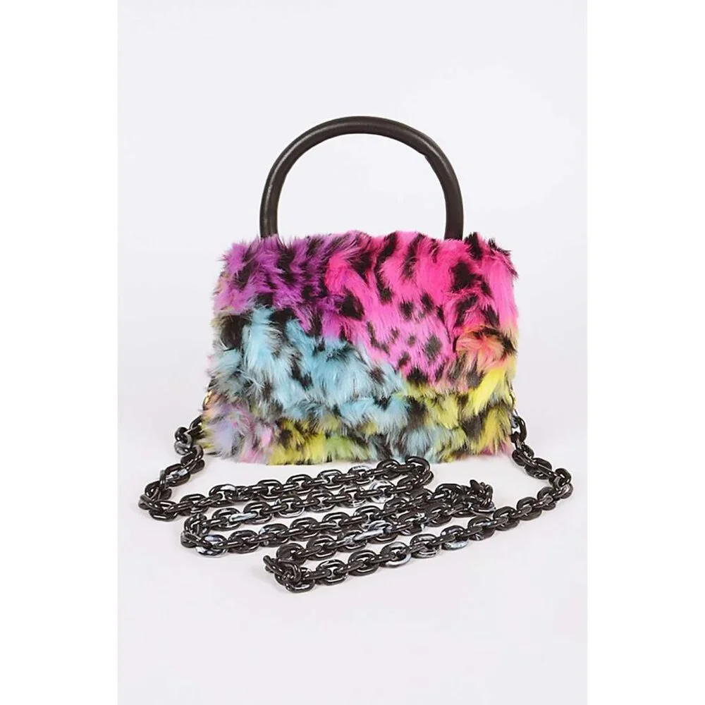 Mix Leopard Print Faux Fur Iconic Swing Bag/Clutch Purse - Picture 3 of 5